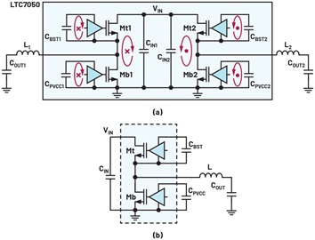 Figure 1. SilentMOS LTC7050 has internal symmetrical and small hot loops to minimize the ringing, with (a) showing LTC7050 and (b) showing a conventional DrMOS module. Figure 1. SilentMOS LTC7050 has internal symmetrical and small hot loops to minimize the ringing, with (a) showing LTC7050 and (b) showing a conventional DrMOS module.