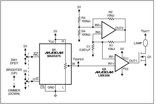 Figure 1. This diagram illustrates how to use the MAX5475 digital potentiometer to implement an automotive lighting dimmer.