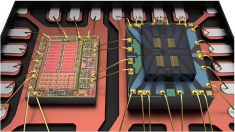 Drive IC (Left), MEMS switch die (Right) mounted on and wire bonded to a metal lead frame