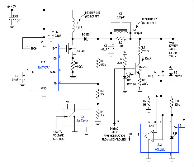 Figure 1. Designed for the low-noise block in a satellite receiver, this DiSEqC-compatible power supply communicates data by toggling its supply voltage between 13V and 17V.