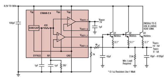 Figure 4. Precision Low Noise Variable 1V to 5V 5-Ampere Supply
