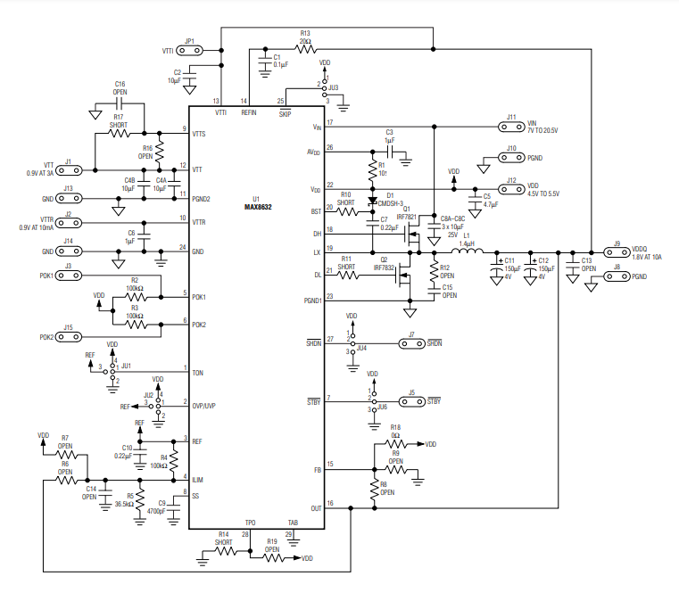 Figure 12. The MAX8632 uses Maxim's Quick-PWM architecture and a linear regulator to provide a complete DDR power-supply system. The device can be used as a main GPU or as a standard corelogic power supply.