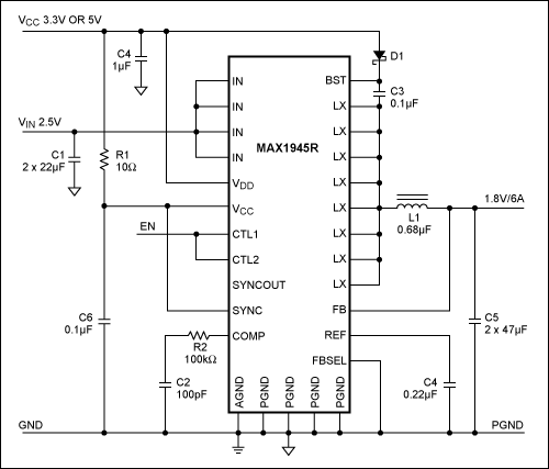 Figure 16. The MAX1945 is a 6A internal switch device with a reduced part count and small footprint to save board space