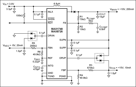 Figure 13. The MAX1748/MAX8726 generate three independent outputs from 3 alkaline cells or 1 single lithium-ion (Li+) cell.