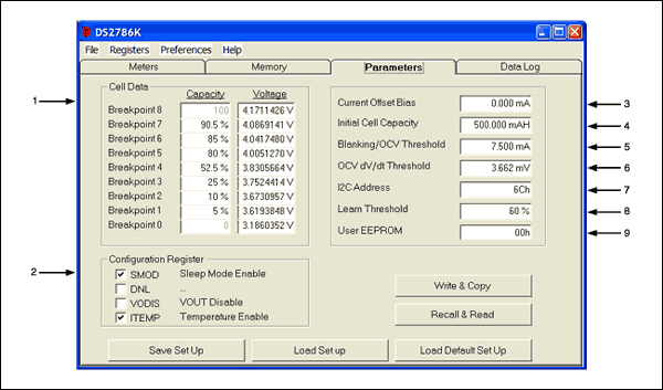 Figure 1. Illustrates the PARAMETERS tab of the DS2786K. The arrows point to the various parameters that are described in this application note.