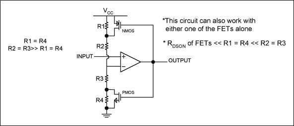 Figure 7.  Adding hysteresis using external MOSFETs and resistors.