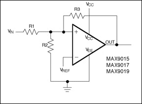 Figure 9.  Adding hysteresis to a comparator with push-pull output.