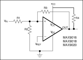 Figure 11.  Adding hysteresis to a comparator with open-drain output.