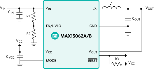 Figure 7. MAX15062A (3.3V VOUT)/MAX15062B (adjustable VOUT) typical application schematic.