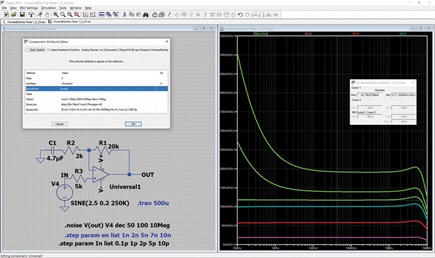 Figure 3. UniversalOpAmp with stepped noise current (first three values plotted).
