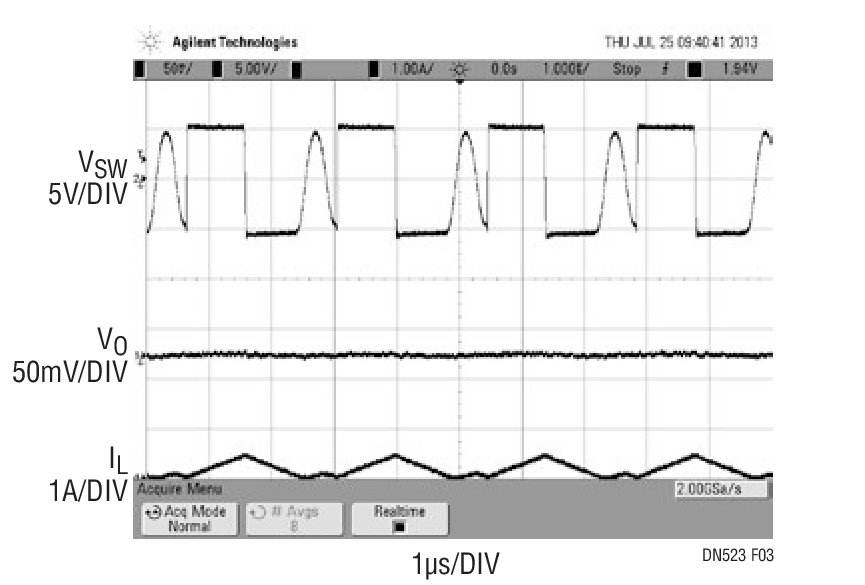 Figure 3. Switch Node Voltage, Inductor Current and Ripple Waveforms at 5V Input and —5.2V Output at 70mA in Pulse-Skipping Mode