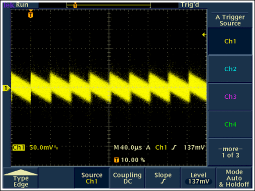 Figure 8. DC-DC converter output ripple voltage for a 1.8V to 3.3V conversion.