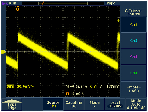 Figure 9. DC-DC converter output ripple voltage for a 3.0V to 3.3V conversion.