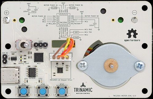 Figure 1. Open-source tmc2300-motor-eval board for evaluation of the tmc2300 stepper motor driver for battery-powered applications