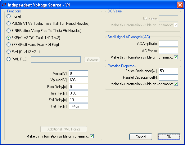Sample EXP Voltage Source Settings