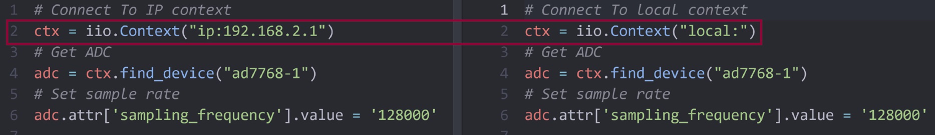 libIIO remote vs. local example