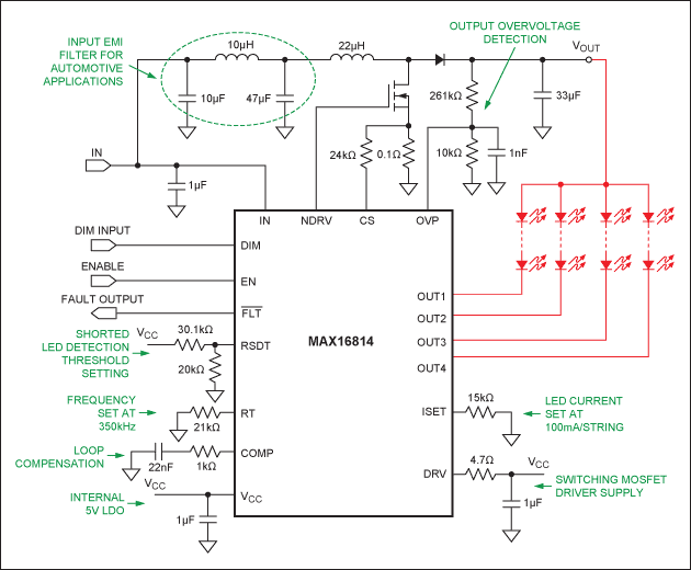 Figure 5. This is an example of a complete automotive design for a heads-up or running-light driver subsystem, including all the external components and an input EMI filter. Because of the low noise of the MAX16814, the EMI filter component value can be kept low.