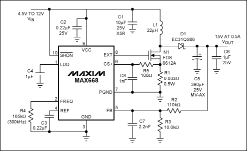 Figure 1. This diagram uses the MAX668 boost circuit to implement a +15V at 0.5A output from a 4.5V to 12V input.