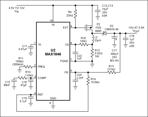 Figure 2. This diagram utilizes the MAX1846 inverting circuit to implement a -15V at 0.5A output from a 4.5V to 12V input.