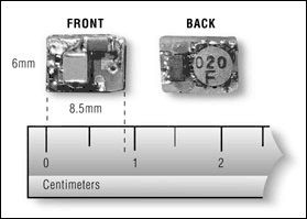 Figure 2. This 6mm x 8.5mm DC-DC converter converts 2.5V to 75V using the MAX1605. The front and back layout of the circuit is shown.