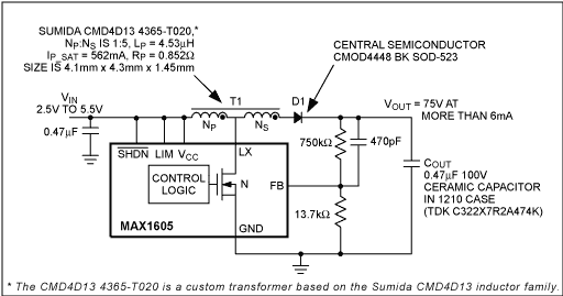 Figure 6. This circuit, whose layout is shown in Figure 2, is used to produce 75V from 2.5V.