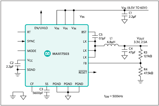 MAX17503 application circuit for 500kHz switching frequency.