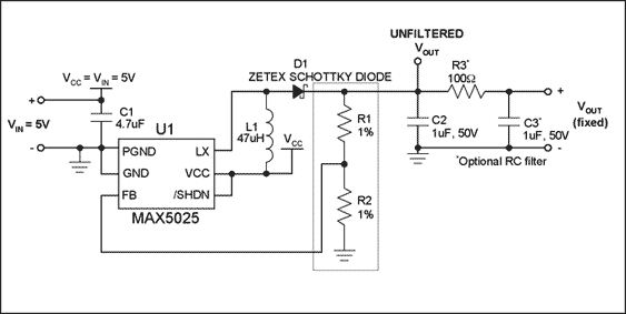 Figure 1. Circuit for a fixed, step-up DC-DC converter circuit.