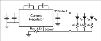 Figure 4. White LEDs are commonly powered in four different ways:  (a) a voltage source and ballast resistors, (b) a current source and ballast resistors, (c) multiple current sources, and (d) a current source with the LEDs in a series connection.