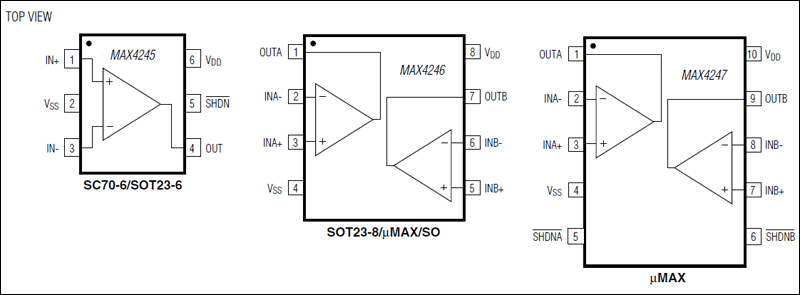 MAX4245, MAX4246, MAX4247: Pin Configurations