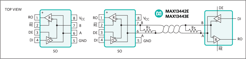 MAX13442E, MAX13443E, MAX13444E: Pin Configurations and Typical Operating Circuits