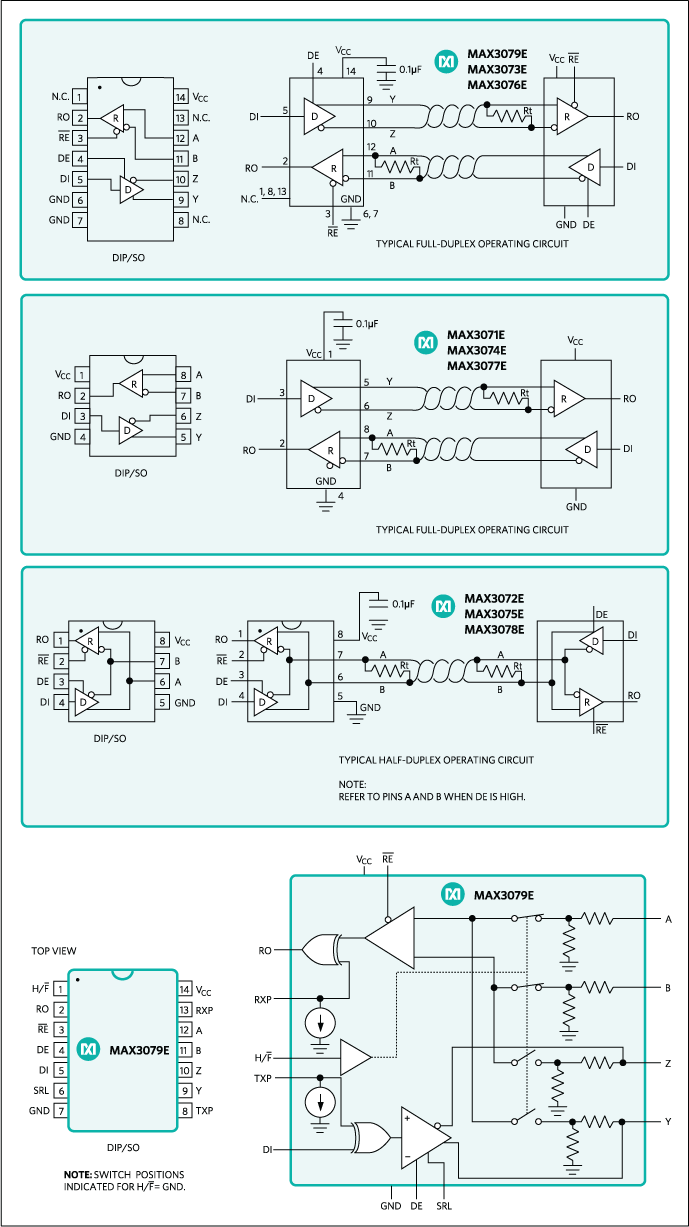MAX3070E, MAX3071E, MAX3072E, MAX3073E, MAX3074E, MAX3075E, MAX3076E, MAX3077E, MAX3078E, MAX3079E: Pin Configurations and Typical Operating Circuits