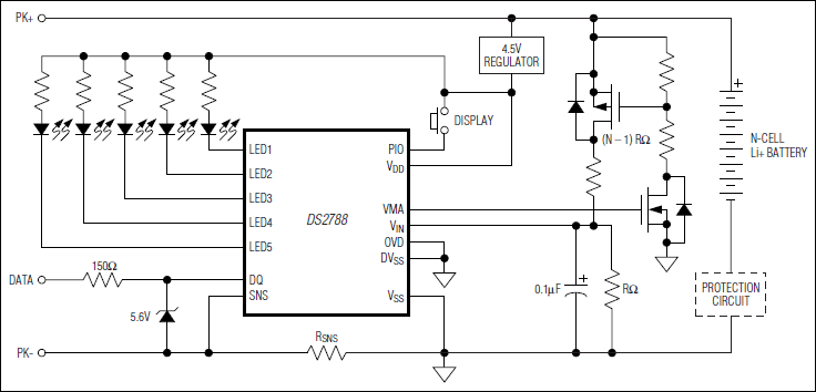DS2788 measures voltage, temperature, and current, and estimates available capacity for rechargeable lithium-ion (Li+) and Li+ polymer batteries | Typical Operating Circuit
