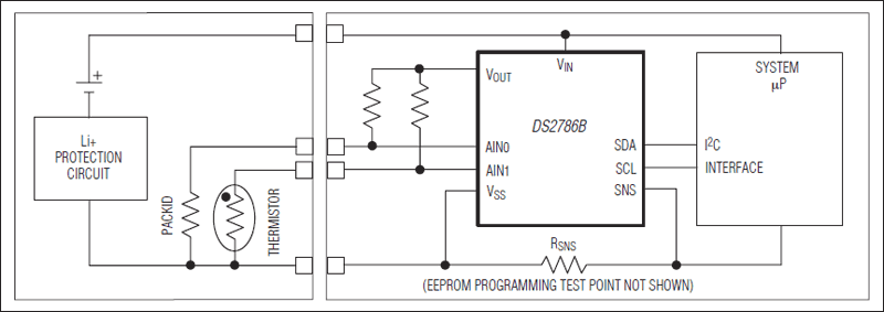 DS2786B estimates available capacity for rechargeable Li-ion (Li+) and Li+ polymer batteries based on the cell voltage | Operating Diagram
