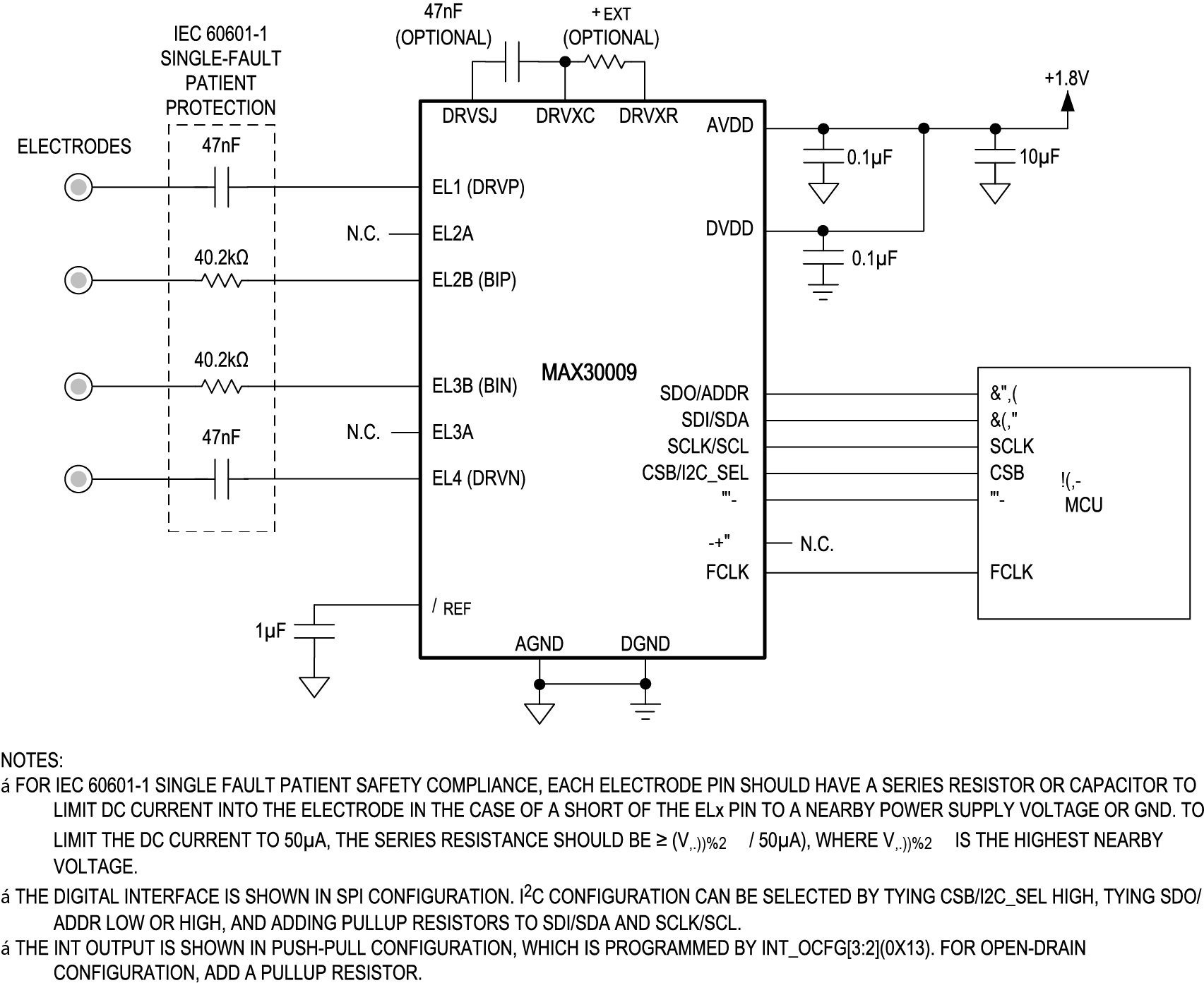 MAX30009 Typical Application Circuits (4-Electrode Device Supporting BIA-BIS Respiration, or ICG)