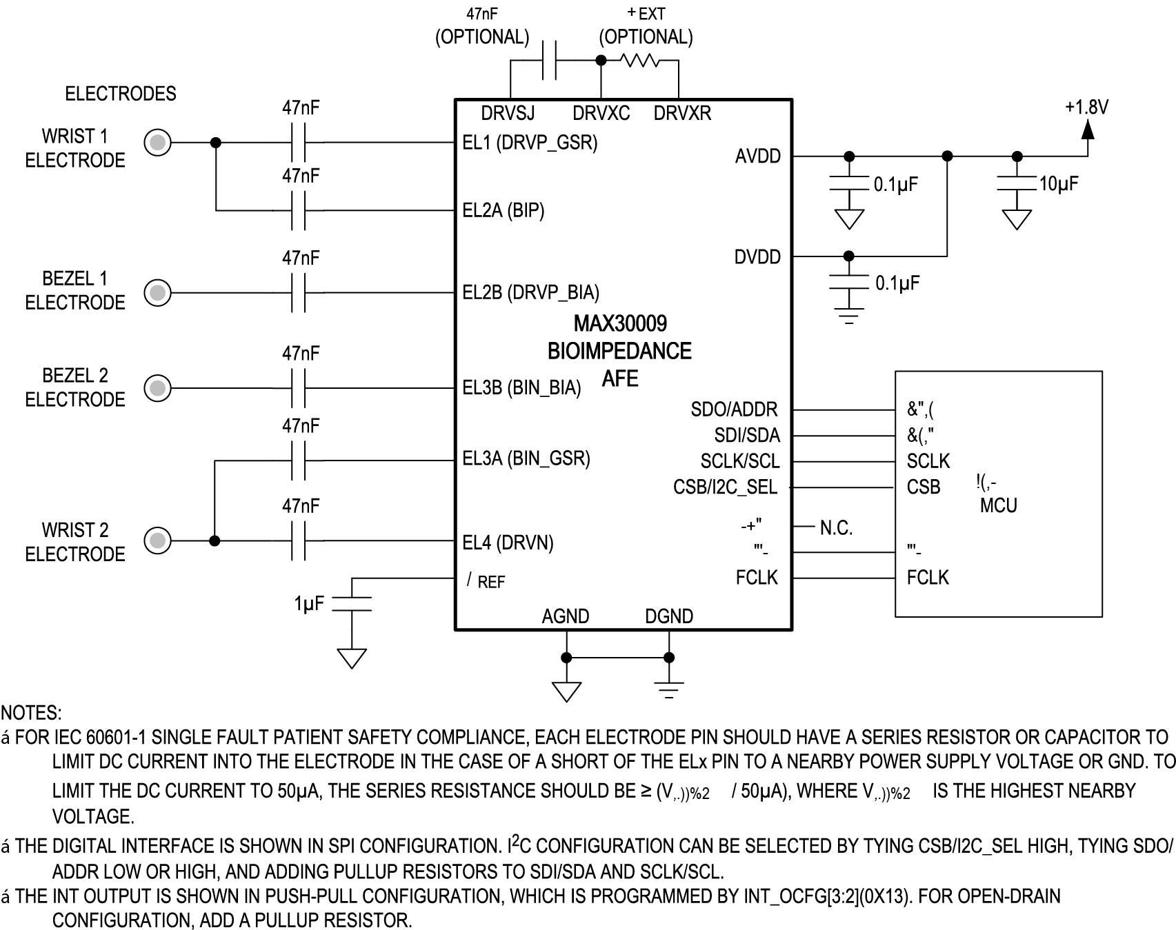 MAX30009 Typical Application Circuits (4-Electrode Wrist Device Supporting BIA and GSR)