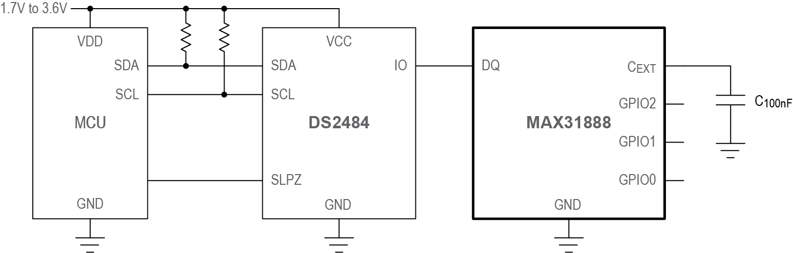 MAX31888 Typical Application Circuit Single Drop with 1 Wire Master.