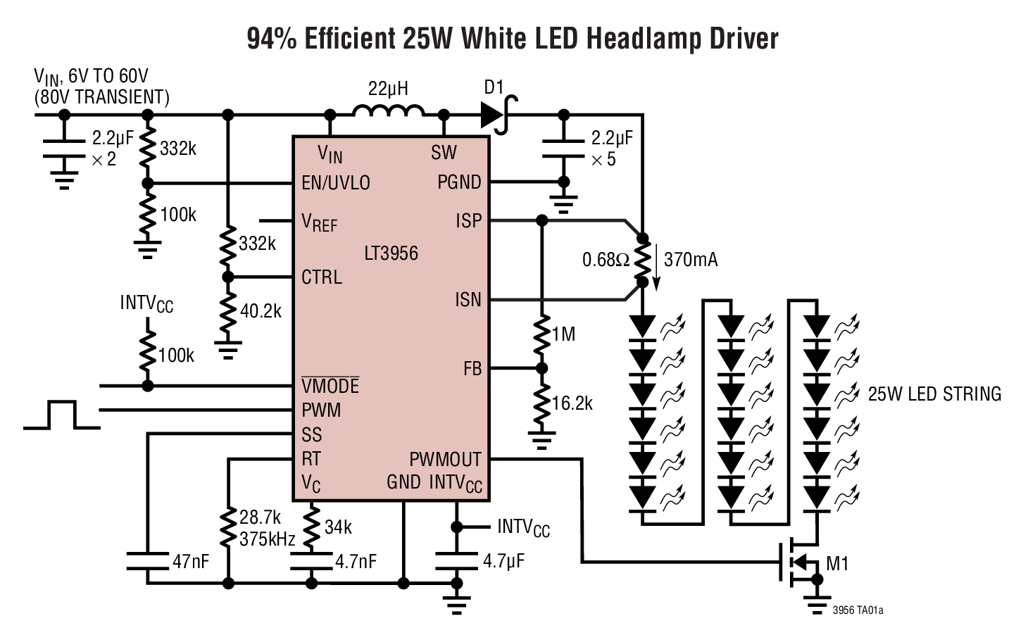 94% Efficient 25W White LED Headlamp Driver