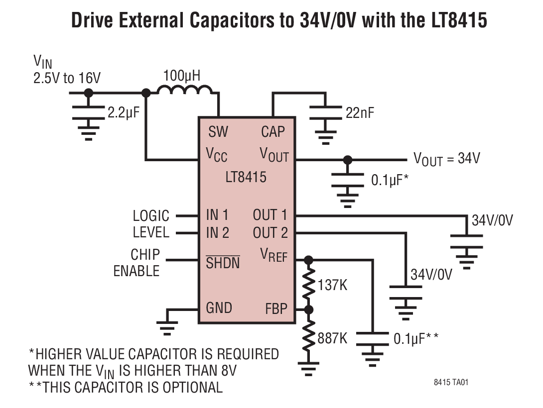 Drive External Capacitors to 34V/0V with the LT8415