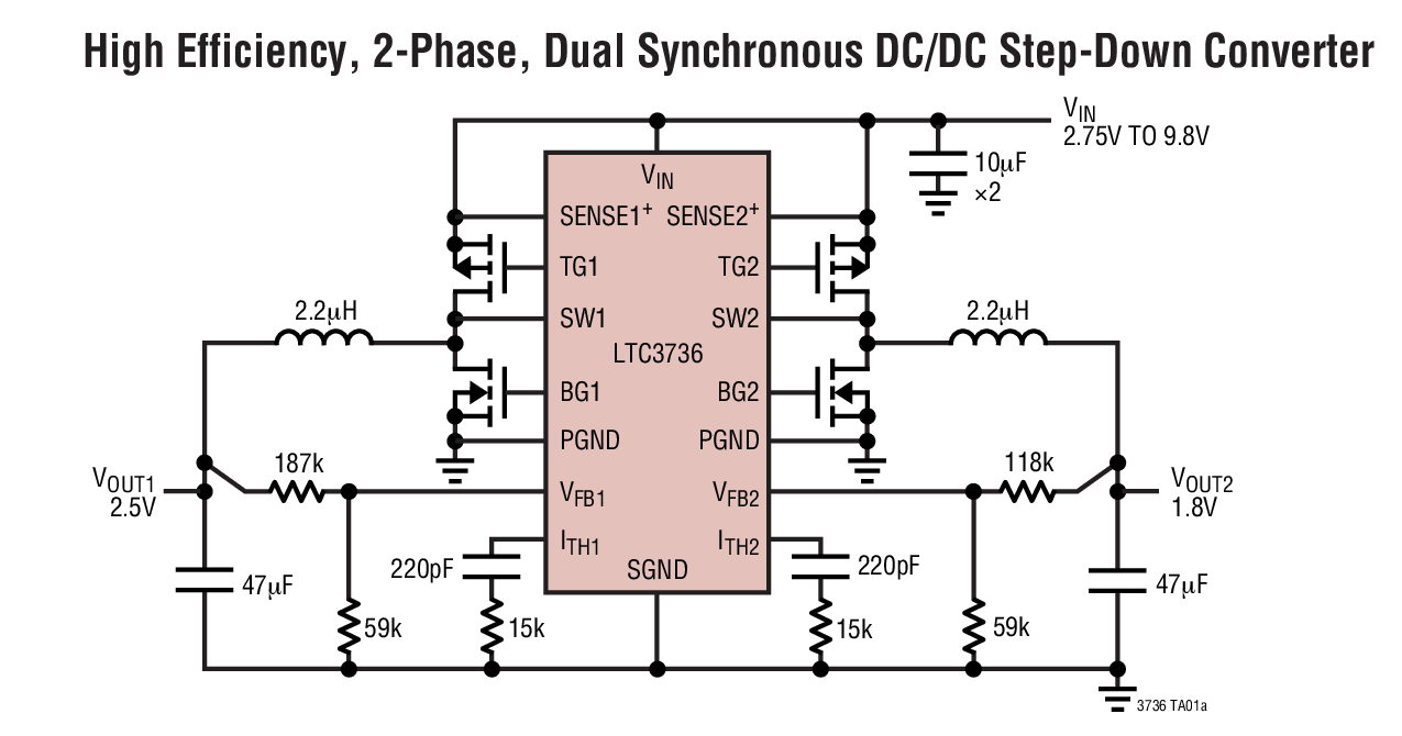 High Efficiency, 2-Phase, Dual Synchronous DC/DC Step-Down Converter