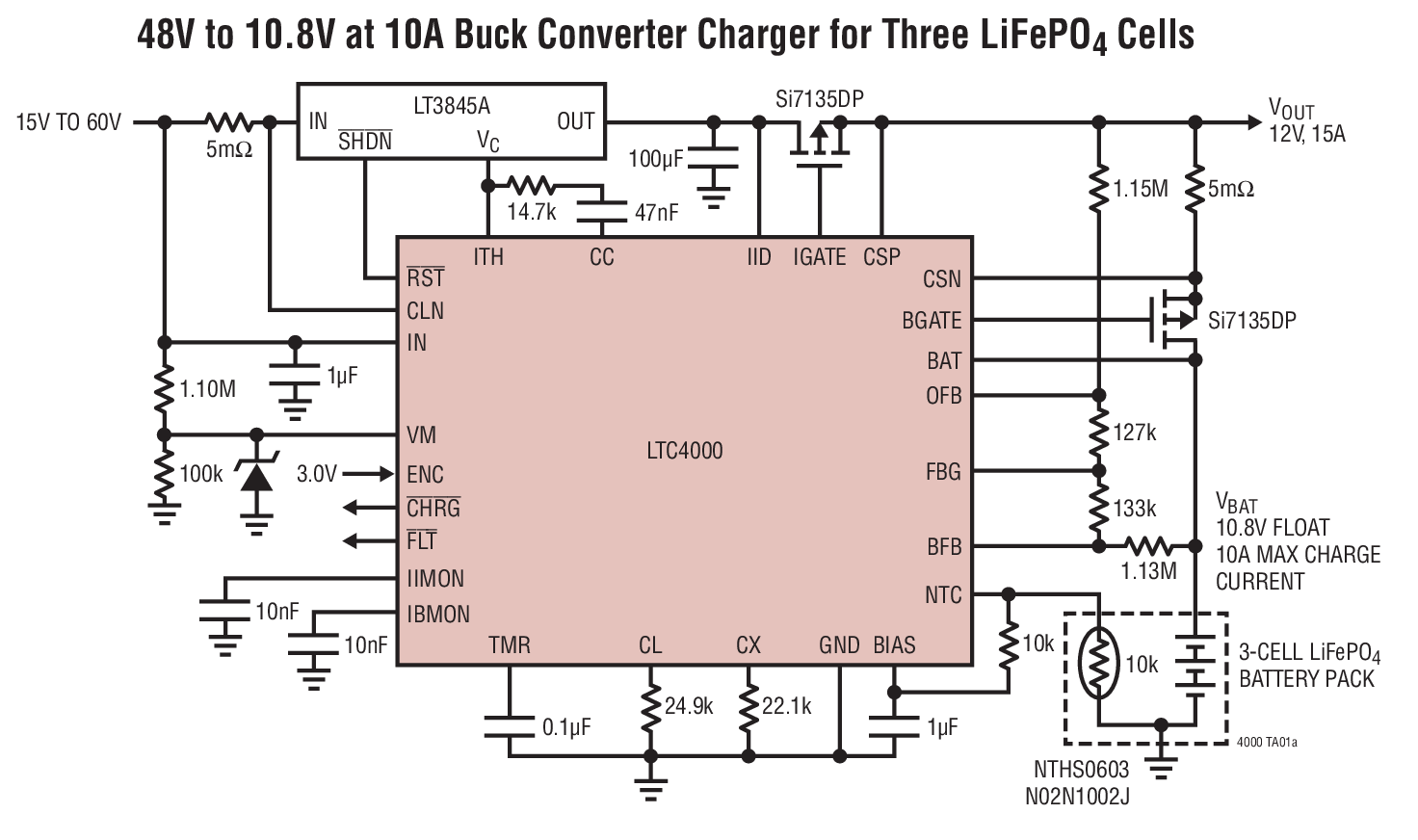 48V to 10.8V at 10A Buck Converter Charger for Three LiFePO4 Cells