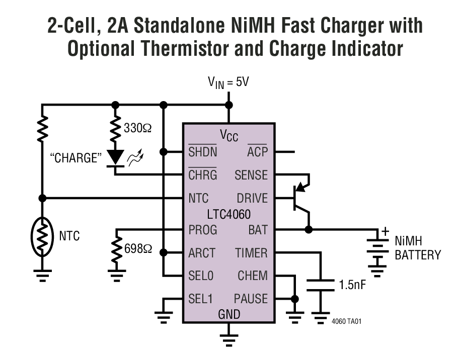 2-Cell, 2A Standalone NiMH Fast Charger with Optional Thermistor and Charge Indicator