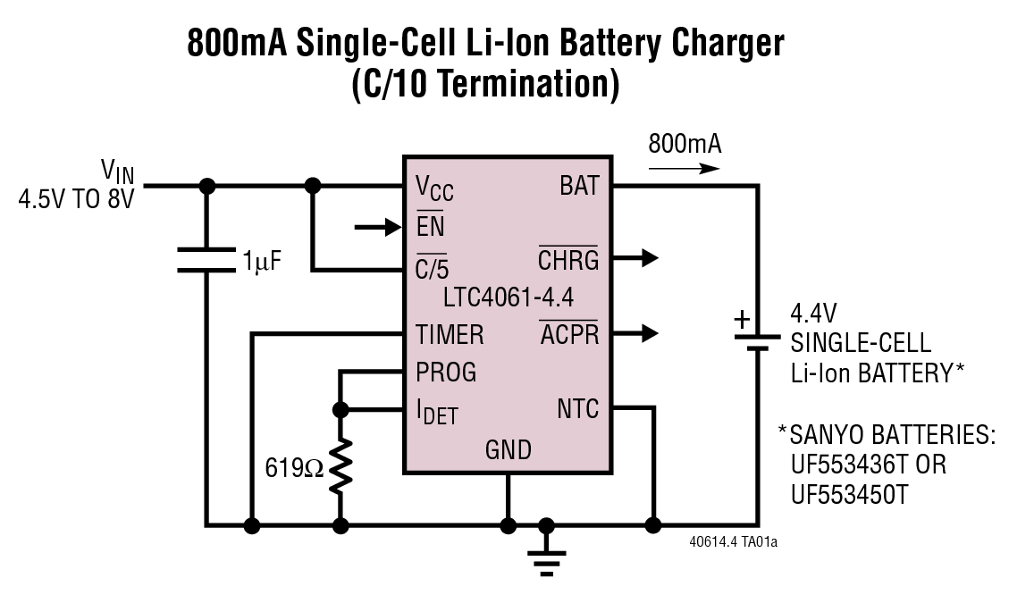 800mA Single-Cell Li-Ion Battery Charger (C/10 Termination)