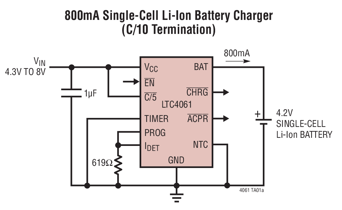 800mA Single-Cell Li-Ion	Battery Charger (C/10 Termination)