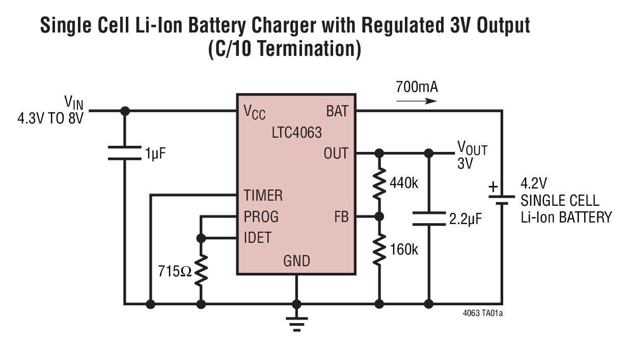 Single Cell Li-Ion Battery Charger with Regulated	3V Output (C/10 Termination)