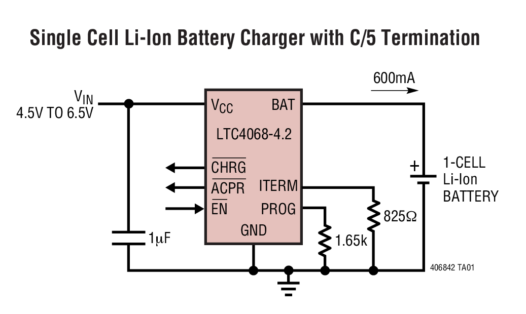 Single Cell Li-Ion Battery Charger with C/5 Termination