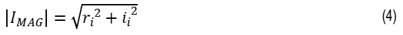 Equation for calculating the magnitude and phase of the voltage and current from the imaginary outputs of the DFT