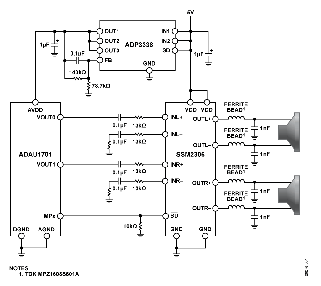 Class-D Amplifier Connection to Audio Codec and Voltage Regulator