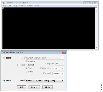 Tera Term COM6 for USB Transmission to the RS-485 Port on the EVAL-CN0373-EB1Z Board