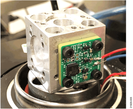 Vibration Measurement Test Setup, EVAL-CN0532-EBZ Board Attached to Shaker Table