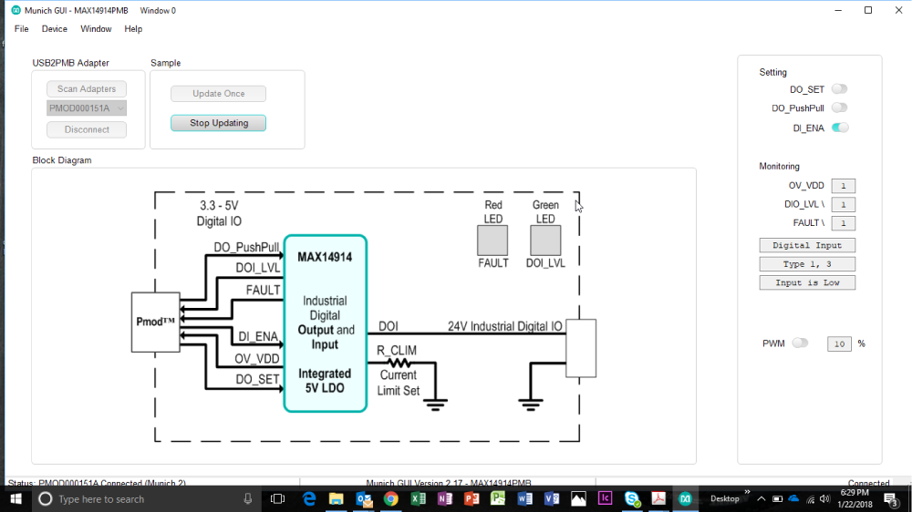 Figure 3a. Munich GUI – MAX14914PMB showing MAX14914 digital input with sensor off.
